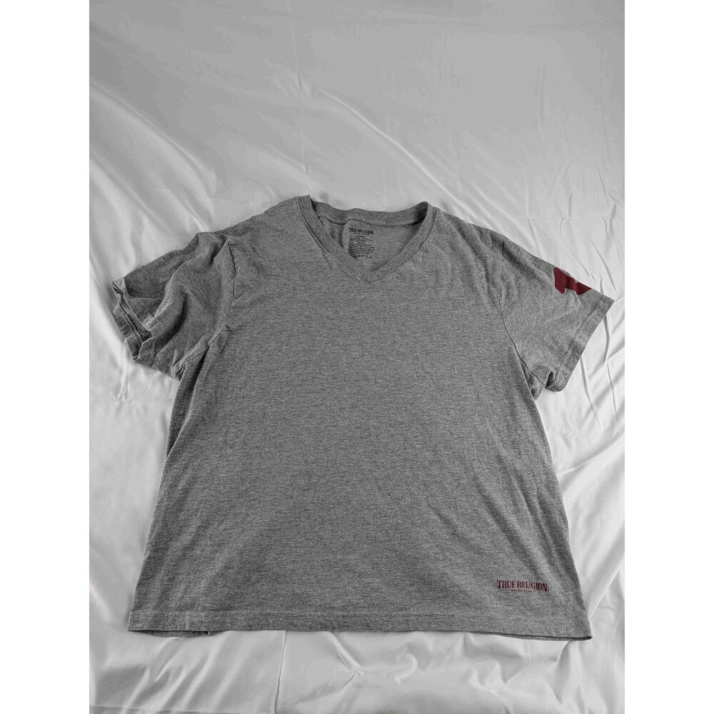 True Religion Gray Short Sleeved Graphic Print V Neck T Shirt Large